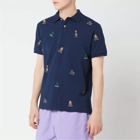 Polo Ralph Lauren Multi Bear College Suits Dressed Preppy Royal Mesh Shirt Small - Picture 1 of 14